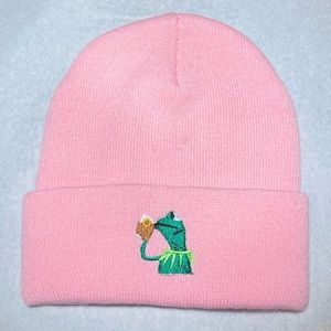 Kermit The Frog Sipping Tea Meme Beanie Pink Youth Size (Small)